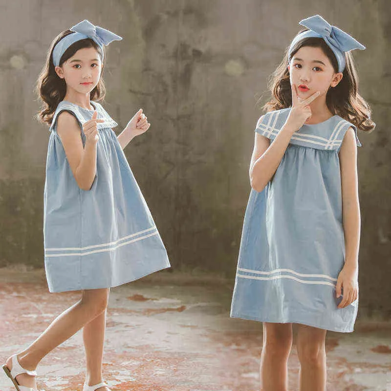 New 2021 Girls Summer Dress Cotton Preppy Style Sailor Collar Cotton Baby Princess Dress Toddler Leisure Vest Dress Lovely,#5157 G1129