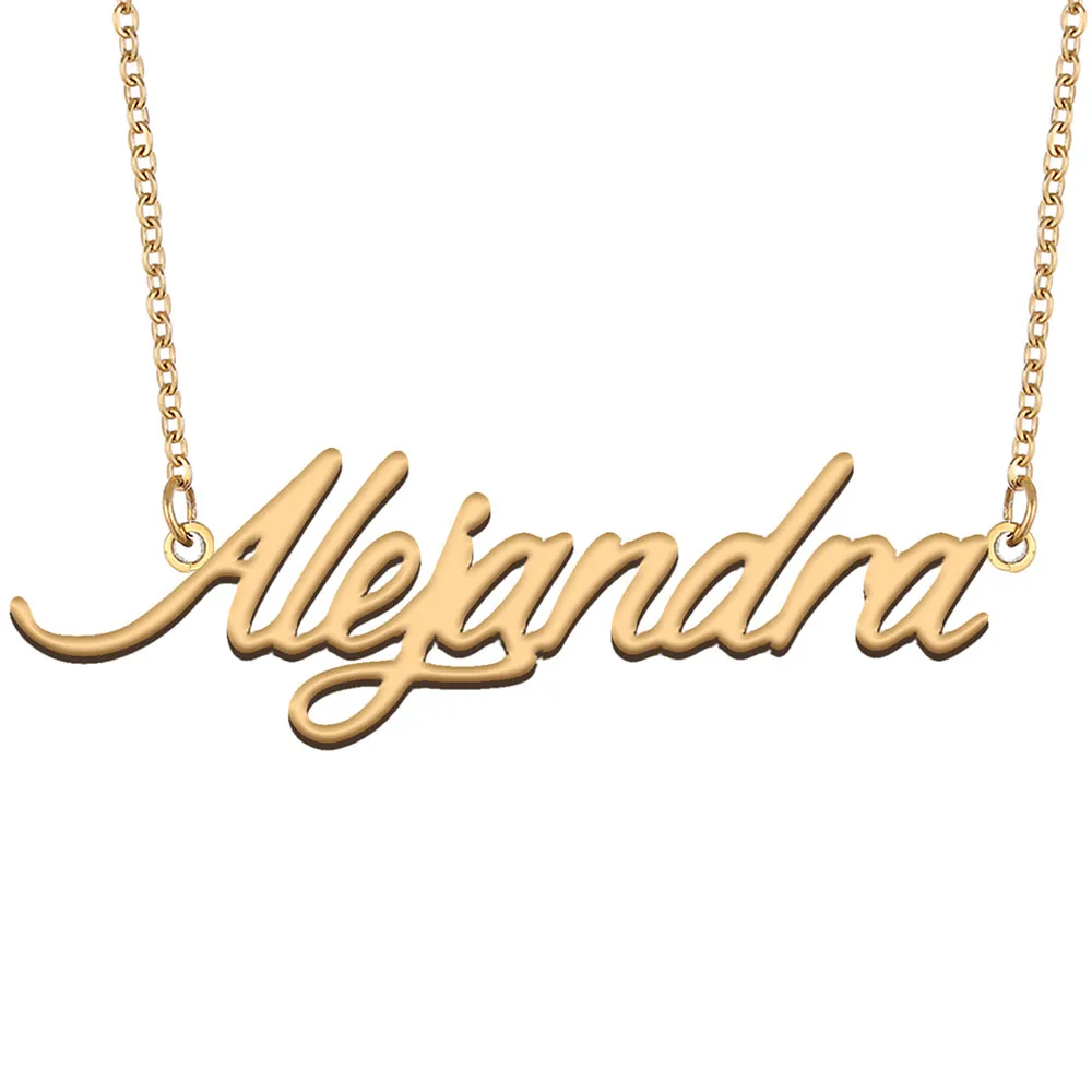 Collana con nome Alejandra Ciondolo in oro per donne Ragazze Regalo di compleanno Targhetta personalizzata Bambini Migliori amici Gioielli Acciaio inossidabile placcato oro 18k