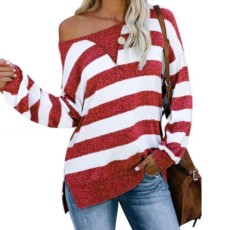 Plus Size Casual Stripe T-shirt à manches longues pour femmes New Autumn O Neck Loose Color Contrast Split Tees Ladies Oversized Tee Shirt 210412
