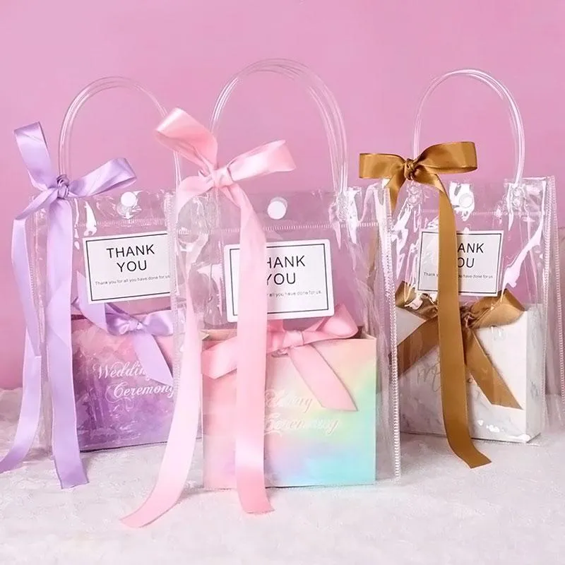 Förvaringspåsar PVC Transparent Tygväska med handtag Ribbon Candy Presentförpackning Bröllop Brudtärna Dragee Packaging Party Wrapping