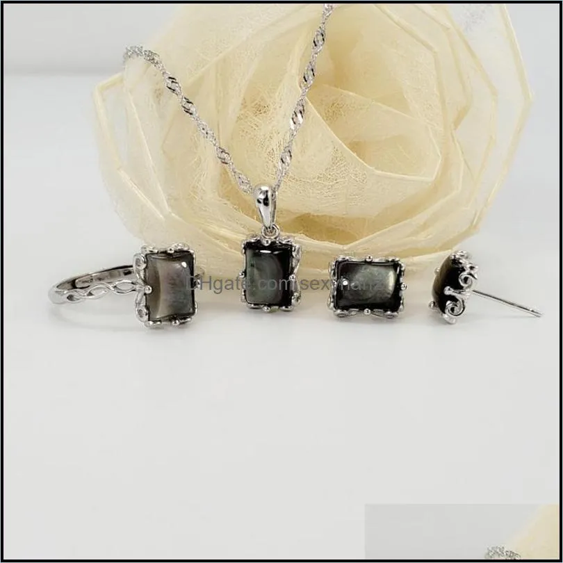 Bracelet, Earrings & Necklace D S925 Silver Jewelry Set Romantic Abalone Shell For Women With Natural Gemstone Accessories