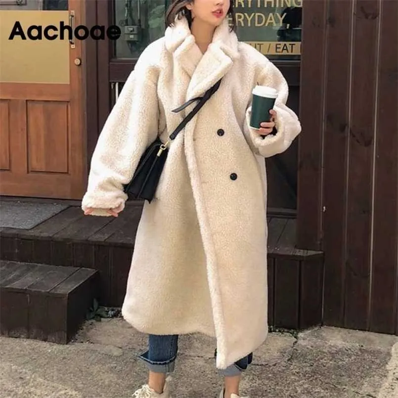 Aachoae hiver femmes solide manteau de fourrure d'agneau à manches longues décontracté polaire veste col rabattu Long Teddy manteau vêtements d'extérieur 211007