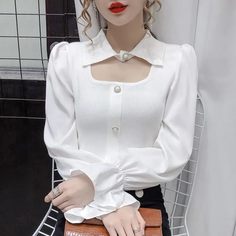 Retro Button Chiffon Flare Sleeve Patchwork Sweaters Women Long Hollow Out Turn Down Collar Knitted Pullover Tops 210423