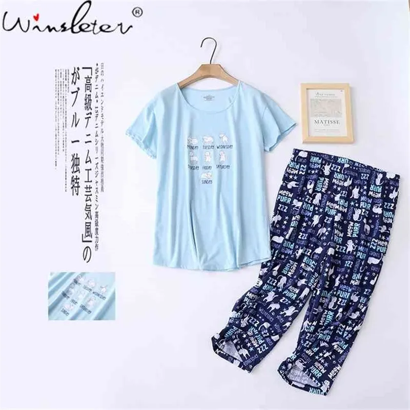 Pyjama bleu pour femmes mignon chat imprimé tricoté coton vêtements de nuit 2 pièces ensemble grande taille 3XL à manches courtes salon mince été T13810A 210421