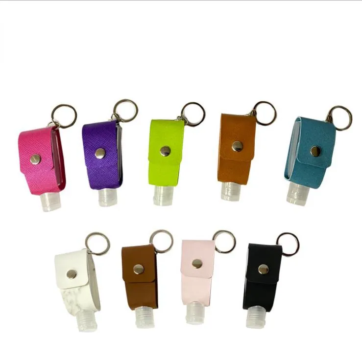PU Leather Sanitizer Holder Solid Keychain Storage Bag Refillable Bottle Clips Keyring Carrier Sanitizer Bottle Cover 9 Colors BT5911