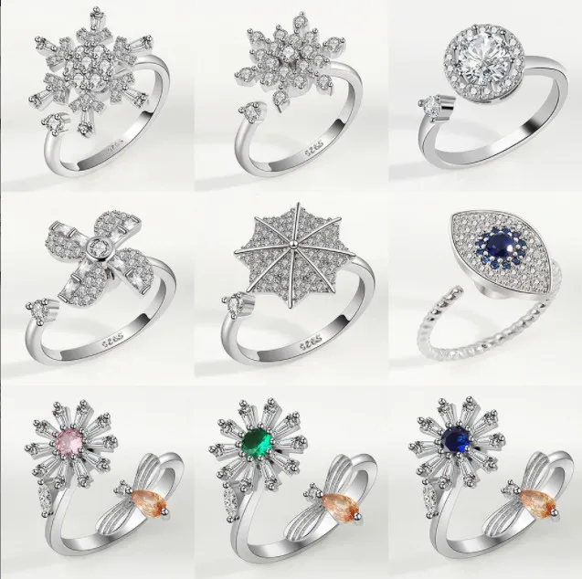 S925 Sterling Silver Fidget Ringen Sieraden Voor Vrouwen Verstelbare Open Ring Cubic Zirconia Zonnebloem Butterfly Snowflake Ring Spinner Gift Valentijnsdag
