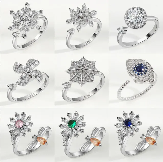 S925 Sterling Silver Fidget Rings bijoux pour femmes Anneau ouvert réglable Zircon cubique Tournesol papillon flocon de neige Anneau Spinner Cadeau Saint Valentin