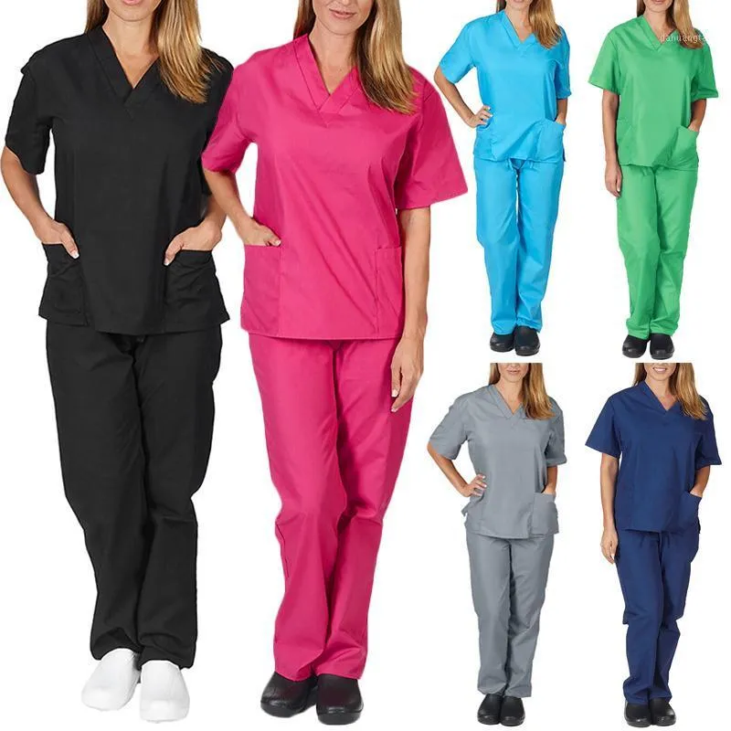 Spodnie damskie Capris Solid Color Unisex Mężczyźni Kobiety Krótki rękaw V Neck Pielęgniarki Scrubs Topy + spodnie Pielęgniarstwo Zestaw mundurków roboczych Garnitur Zdrowie Ser1