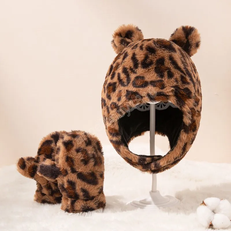 Guanti invernali per cappelli da bambino Leopard Faux Fur Infant Bonnet Cappelli per bambini Cappellini con paraorecchie Berretto per bambini Berretto per ragazza Ragazzo 1-4Y