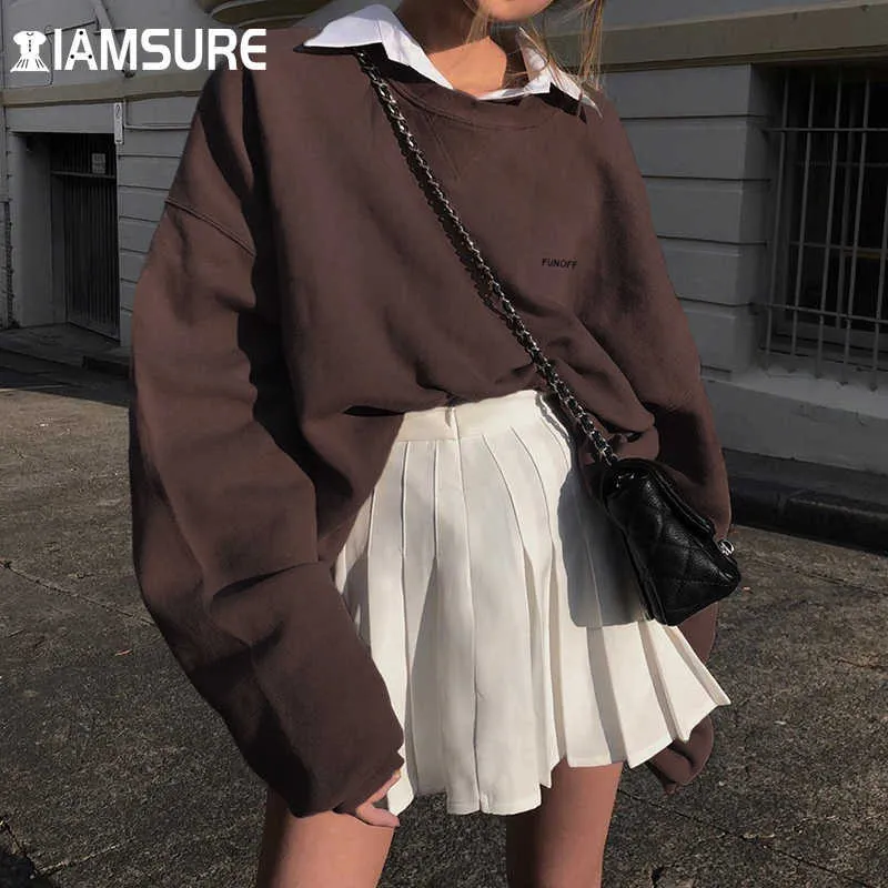 Iamsure 2020 Vinterhöst Kvinnor Brun Solid Loose Sweatshirt Baggy O-Neck Långärmad Top Warm Plus Storlek Casual Streetwear Y2K Y0820