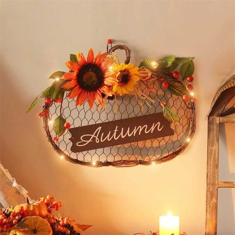 Elegante ghirlanda natalizia rossa LED autunno zucca girasole con cartello in legno chiaro Simulazione ghirlanda Porta di casa Hanging Decor 211104