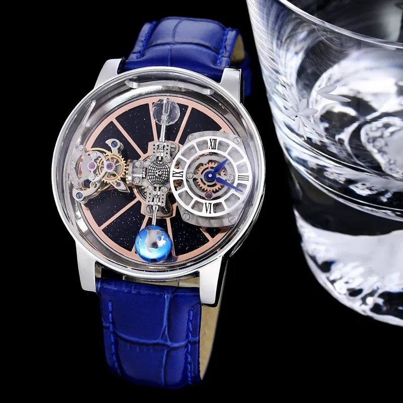 Hiphop Chrono hommes montre à Quartz carte bleue ciel univers montre-bracelet en cuir mâle gros diamant astronomique rotatif Tourbillon horloge