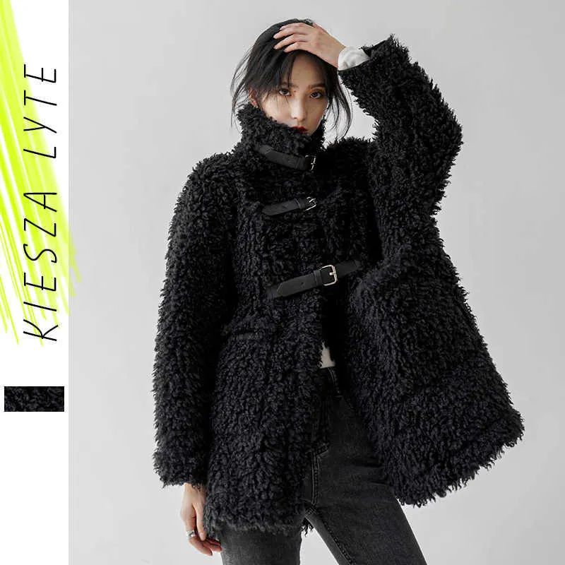 女性のための黒い毛皮の子羊のウールのコート冬の韓国風の緩い暖かいヘビーウールコートカジュアルジャケット210608