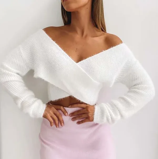 BLSQR Sexy One Shoulder Long Sleeve Knitted Women Sweater Top Softly Mohair Pullovers Streetwear Casual Autumn Winter Jumpers 210430