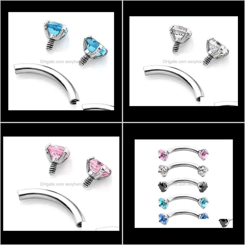 curved eyebrow ring clear cz gem 3mm round zircon internally threaded nail stainless steel bending body jewelry 16g hip hop