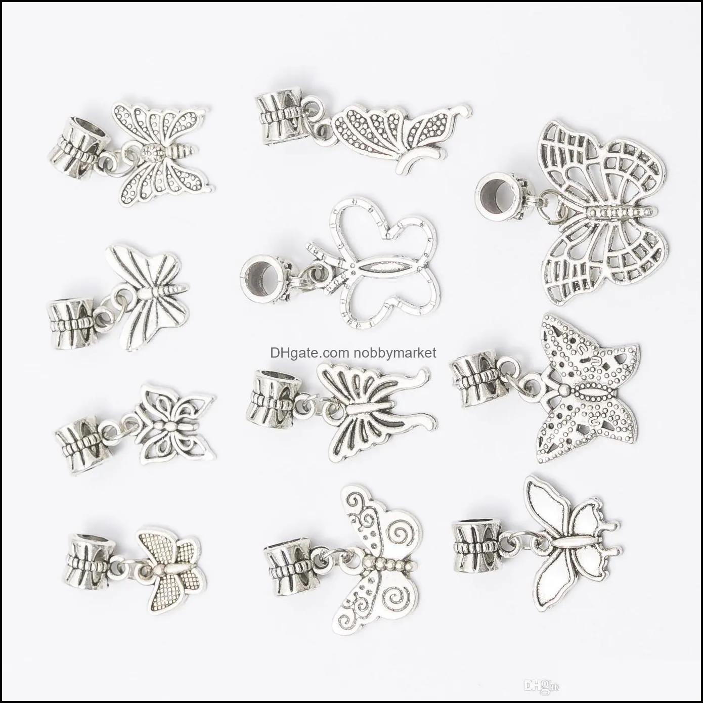 100pcs/lot 11styles Butterfly Dangle Big Hole Beads Tibetan Silver Fit European Charm Bracelet Loose Bead DIY Metals
