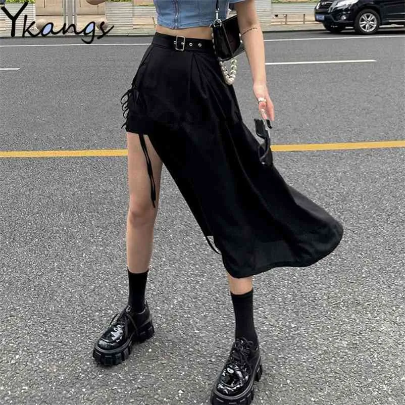 Zomer harajuku lace up sexy vrouwen rokken onregelmatige zwarte hoge taille lange punk gothic chic streetwear saias femininas 210421
