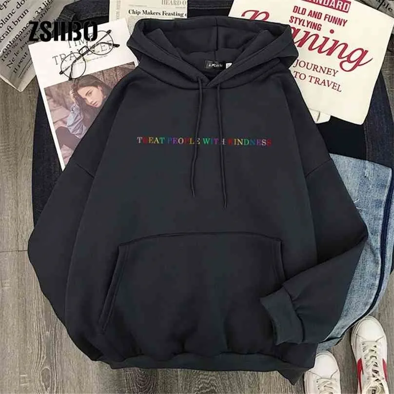 Winter Casual Treat People With Kindness S-2XL Fashion Women Hooded Vintage ins Punk Letter Hip Hop Sweatshirt 210803