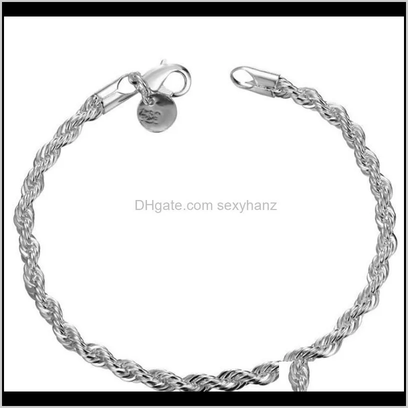 4mm 925 silver plated twist rope chain bracelets for women men wedding party bracelet european charms bracelets fit murano beads