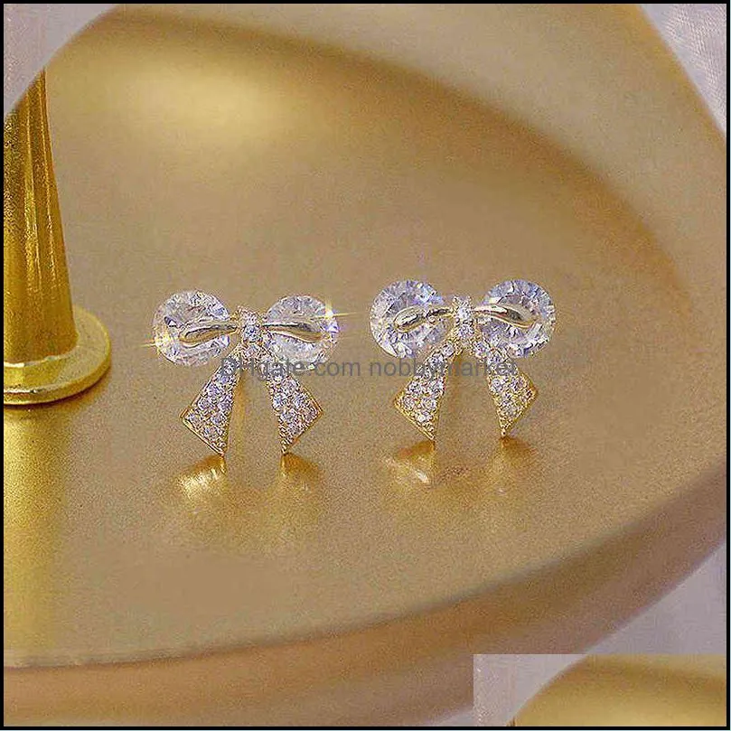 Romantic Delicate Shine Cz Bowknot Earrings for Women Pave Inlaid Aaa Zircon Stud Earring 925 Silver Needle Jewelry Pendant