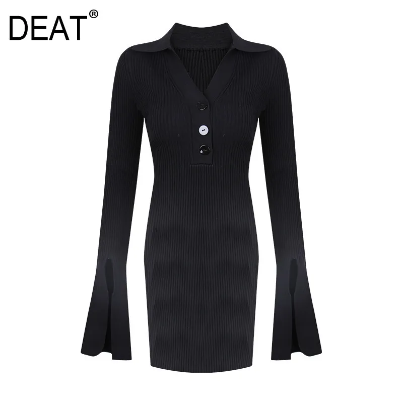 Spring And Summer Fashion Casual Skinny Black Dress Women's Temperament V-neck Slim Slit Long Sleeve SH418 210421