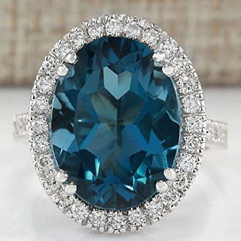 Zilveren Kleur Big Blue CZ Ringen Dames Briljante Bruids Bruiloft Engagement Party Ring Eenvoudige esthetische sieraden