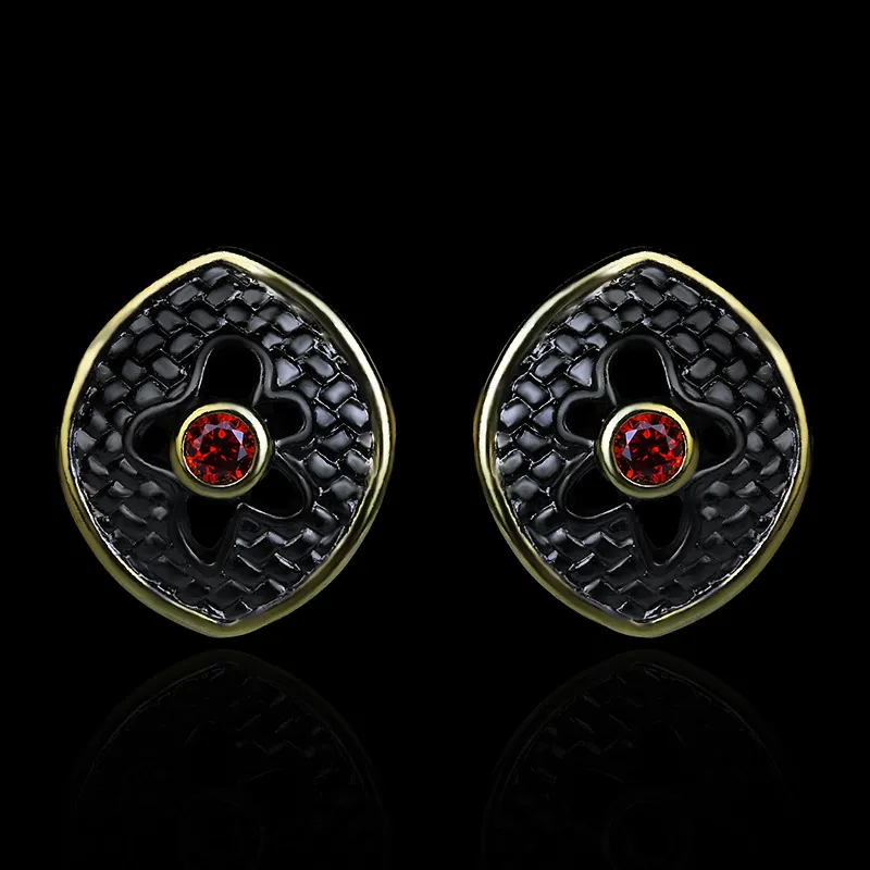 CIZEVA 1.6*1.3cm Silver Earrings for Women Red CZ Hollow Stud Earring Retro Sparkling Wedding Jewelry