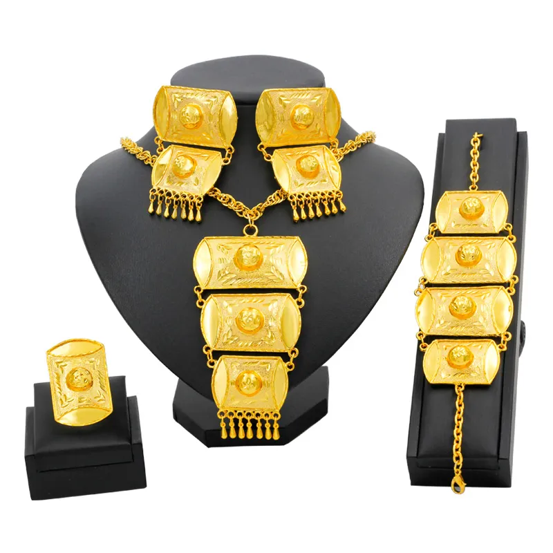 Afrika Takı Setleri Altın Dubai Kadın Altın Takı Setleri Kolye Bilezik Küpe Düğün için Lüks Etiyopya Mücevherat