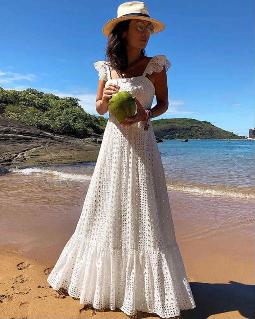 Bohemian White Lace Dress Boho Beach Chic Kobiety Maxi Kobiet A Plus Size Lato Długie Nosić Duże Rozmiary Skumne