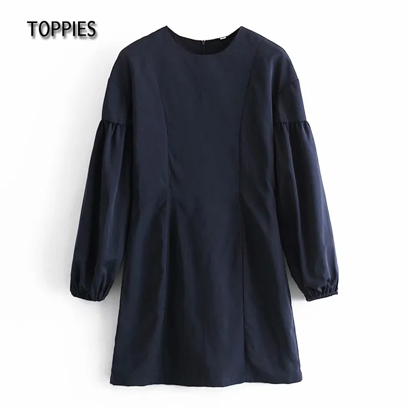Toppies Casual Lantern Sleeve Mini Robe Vintage Bleu Marine Slim Robe Femme Slim Blouses O-Cou Couleur Solide 210412