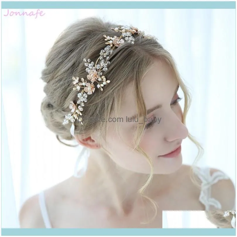 Jonnafe 2019 Delicate Gold Floral Leaf Headpiece Bridal Crown Vine Crystal Wedding Headband Tiara Women Hair Jewelry