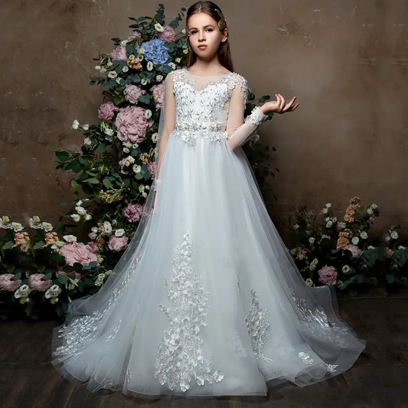 Jewel Neck Long Sleeves Lace Flower Girls Dresses for Wedding Beaded Appliques Tulle First Communion Dresses Pageant Gowns