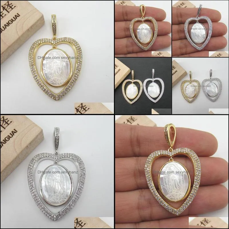 Charms APDGG 30x36mm Virgin Mary White Mop Cameo Shell Gold Plated Cubic Zircon CZ Paved Connector Necklace Pendant Jewelry DIY