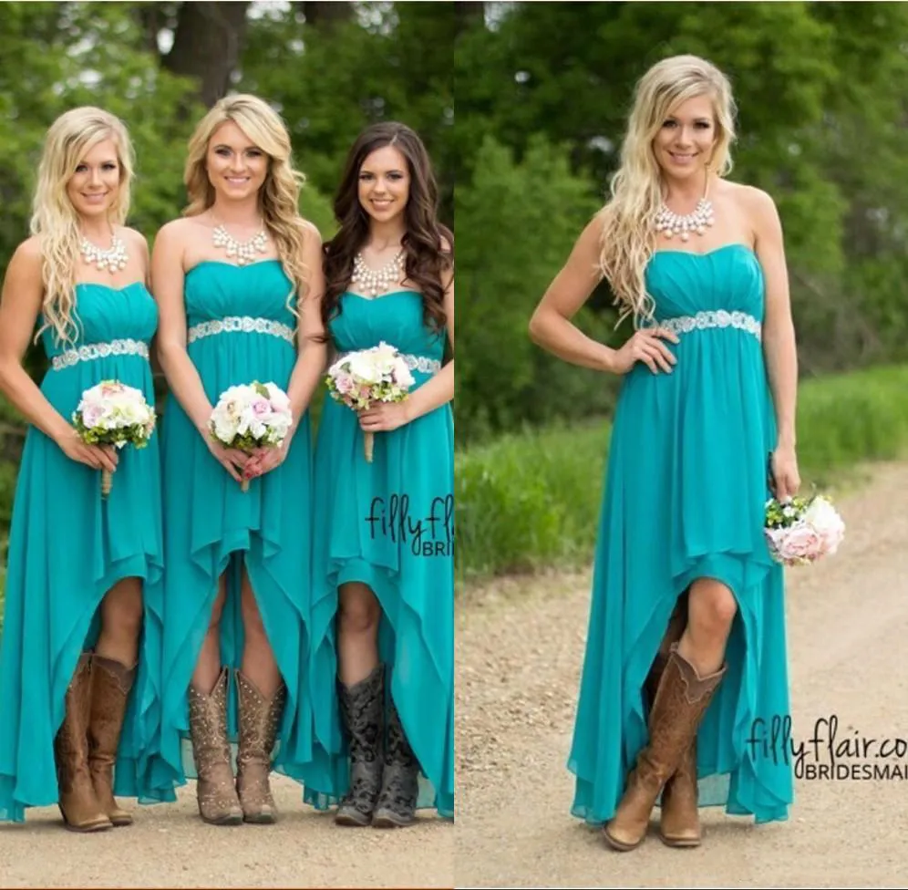 Mode Country Teal High Low Short Bridesmaids Klänningar Backless Sexig Beach Lång Chiffon Prom Kappor Plus Storlek Brudtärna Klänning