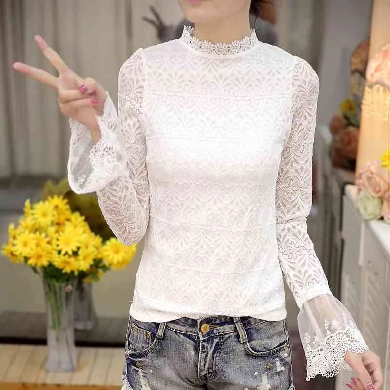 Women clothing Autumn Spring Fashion Women's Blouse Shirts Long Sleeve White Lace Shirt Hollow out blusas Tops 804H 210420