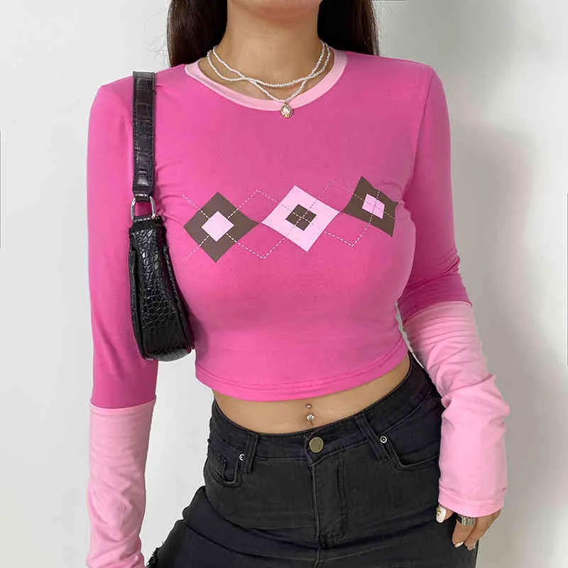Svett Y2K Pink Crop Top Argyle T-shirt För Flickor Söt Kvinnor Panelat Harajuku Bomull Långärmad Tee Shirt Pulovers Kvinna 210415