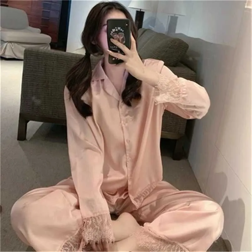 Rosa Patchwork Lace Sleepwear Home Chic Loose Vintage Retro Söt söta Pyjamas Nightwear Två Piece Sus Sets 210525