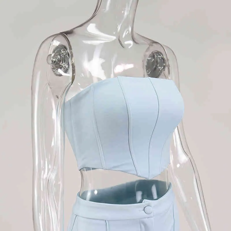 Elegant Flars Boning Light Blue Bustier Two Piece Set High Waist  