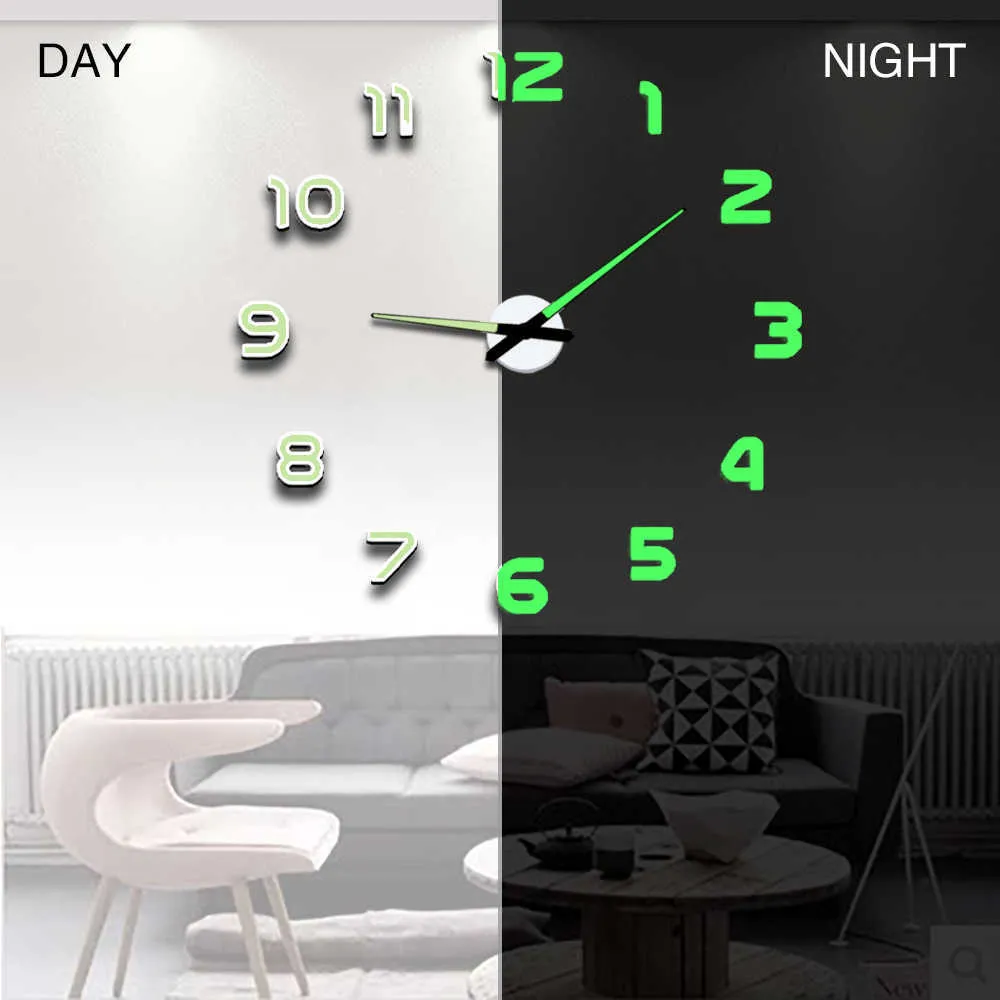Väggklocka Modern Design Watch Digital Stor stor 3d DIY Heminredning Lysande Luminova Spegel Klistermärke Mode Ankomst 210724