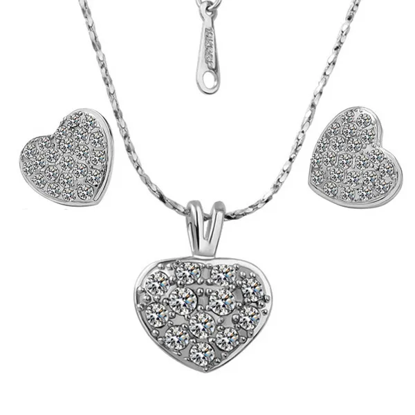 18K Platinum Plated Heart Jewelry Sets Fashion Stud Earrings Pendant Necklaces Austrian Crystal Women Jewelery Set