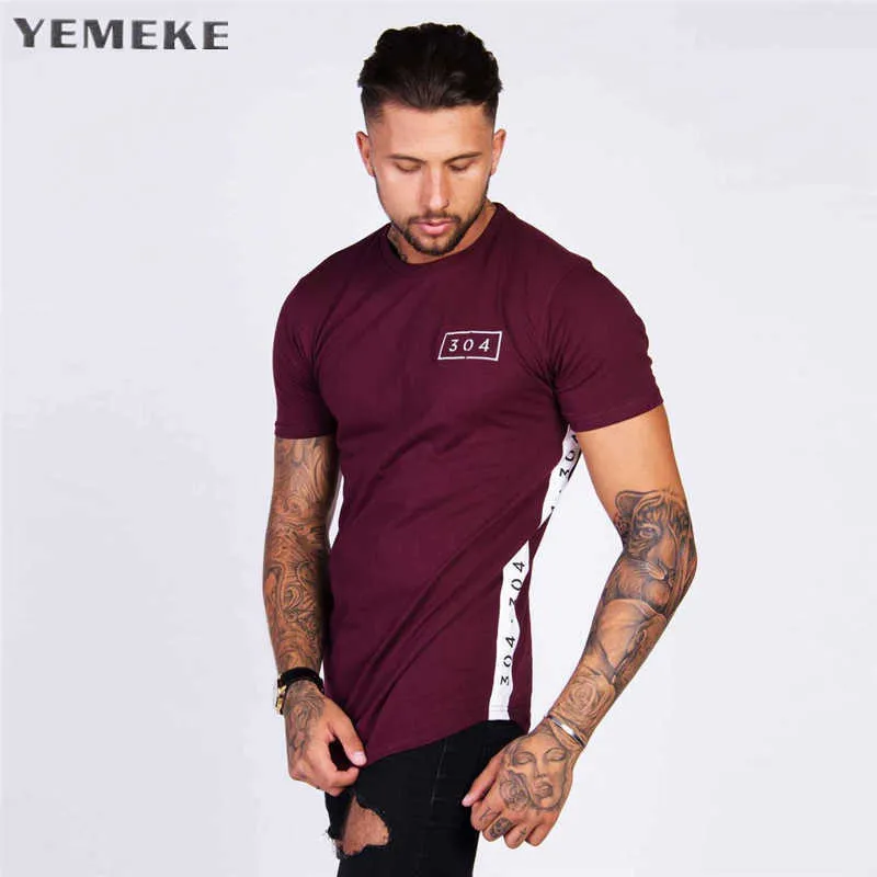 Yemeke Hommes Gymnases Fitness Imprimé T-shirt De Mode Bodybuilding Slim Chemises O-cou À Manches Courtes En Coton T-shirt Hommes Q190518