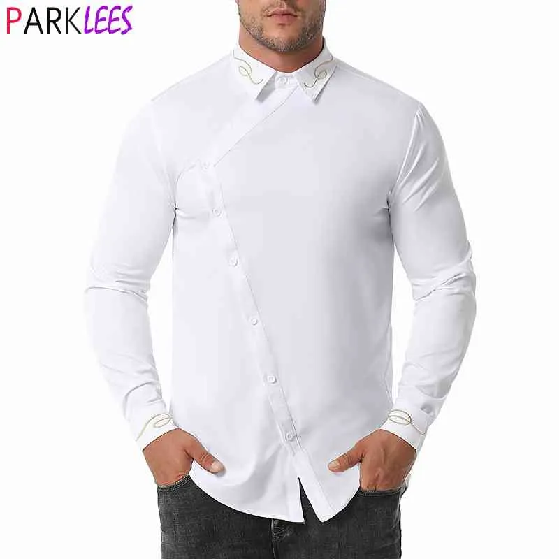 Elegante camicia bianca con ricamo irregolare Camicia da uomo casual a maniche lunghe slim fit Camicie da uomo per feste di nozze Camicia sociale da uomo S-2XL 210522