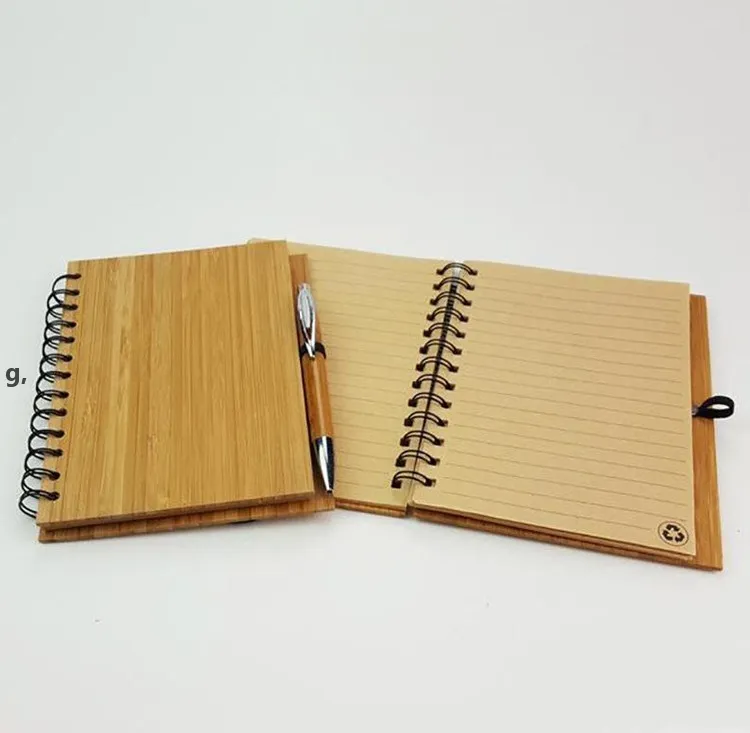 Spiral Notebook Wood Bamboo Cover Notebooks Notepad With Pen Student Environmental Notepads wholesale Schools Supplies RRD13422