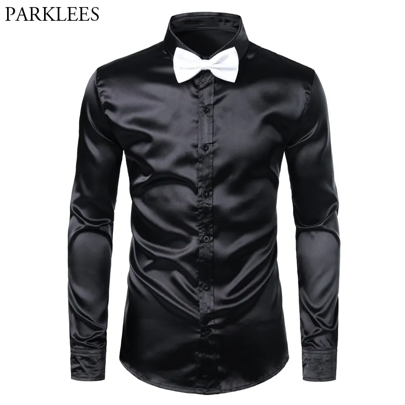 Black Silk Satin Dress Shirt met witte strikje Slim fit lange mouw heren jurk shirts club party bruiloft mannelijke smoking shirt 3xl 210522