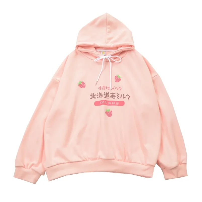 Harajuku Kawaii Truskawki Mleko Graficzna Bluza Kapturem Kobiety Streetwear Zima Plus Rozmiar Luźne Cienkie Cute Odzież 210910