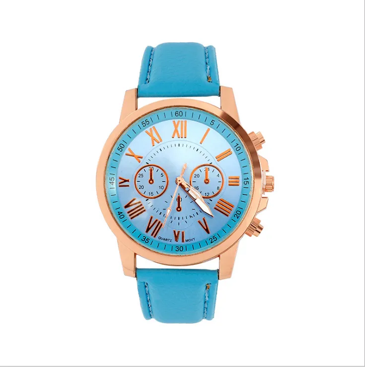 Romerska nummer Dial Fashion Woman Watch Retro Gen￨ve Student tittar p￥ kvinnors kvarts armbandsur med bl￥tt l￤derband