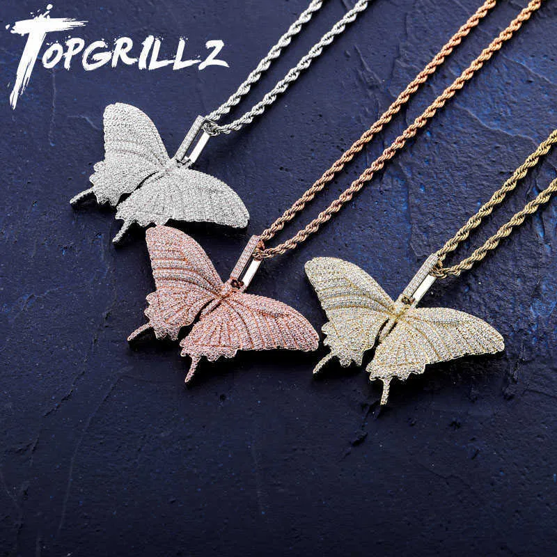 Topgrillz新しいアイスアウトフルキュービックジルコン小さな蝶の羽ペンダントネックレースゴールドシルバーカラーヒップホップチャームジュエリーX0707