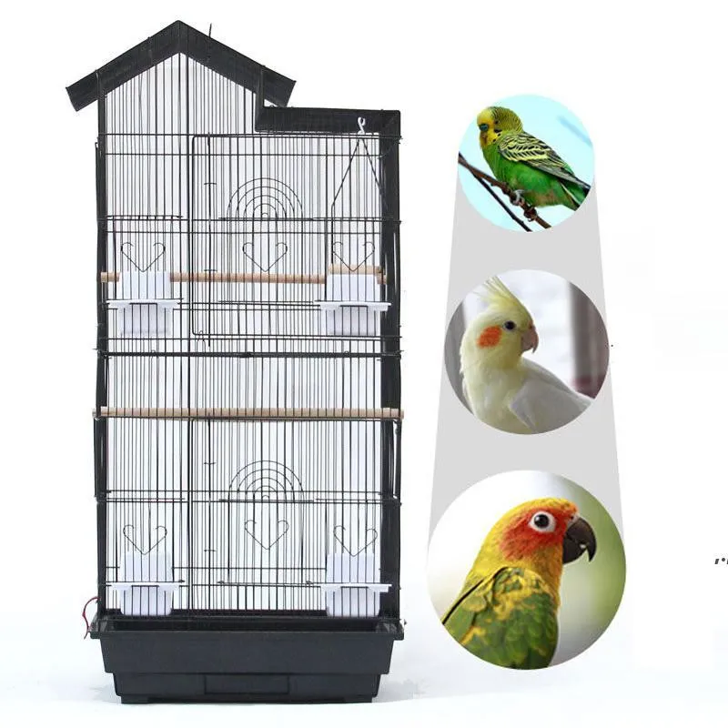 Stor fågelbur 39 tums taket ståltråd plastmatare Papegoja Sun Parakeet Green Cheek Finch Canary Black White Cages