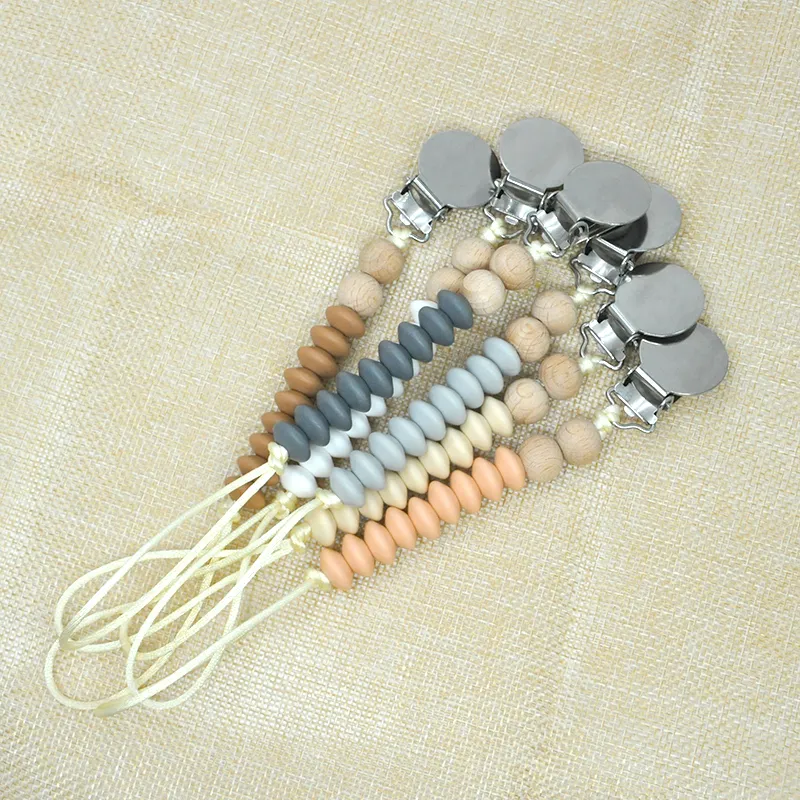 Baby Silicone Dummy Clip With Wooden Beads – Soother Pacifier Chain & Strap Holder (Multicolor, Dishwasher Safe)