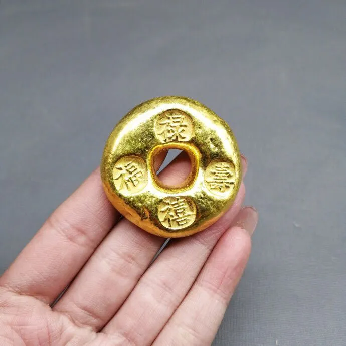 Lingot d'or en cuivre pur Antique, décoration solide, grand personnage Qing Fu Lu Shou Xi, lingot d'or, décoration de salon, cadeau de cinéma et de télévision
